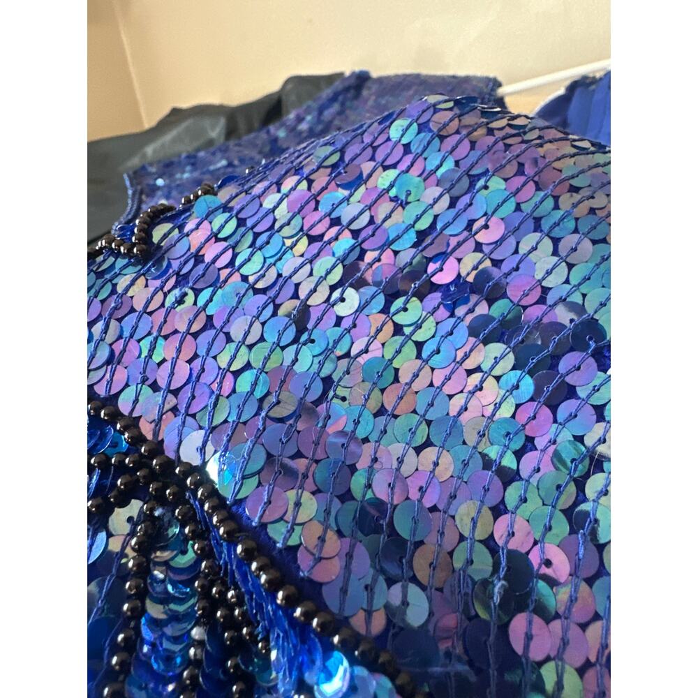 Stenay Cobalt Blue Hand-Beaded Silk Top - Sequin Vintage Glam - Handmade - XL - Picture 10 of 16